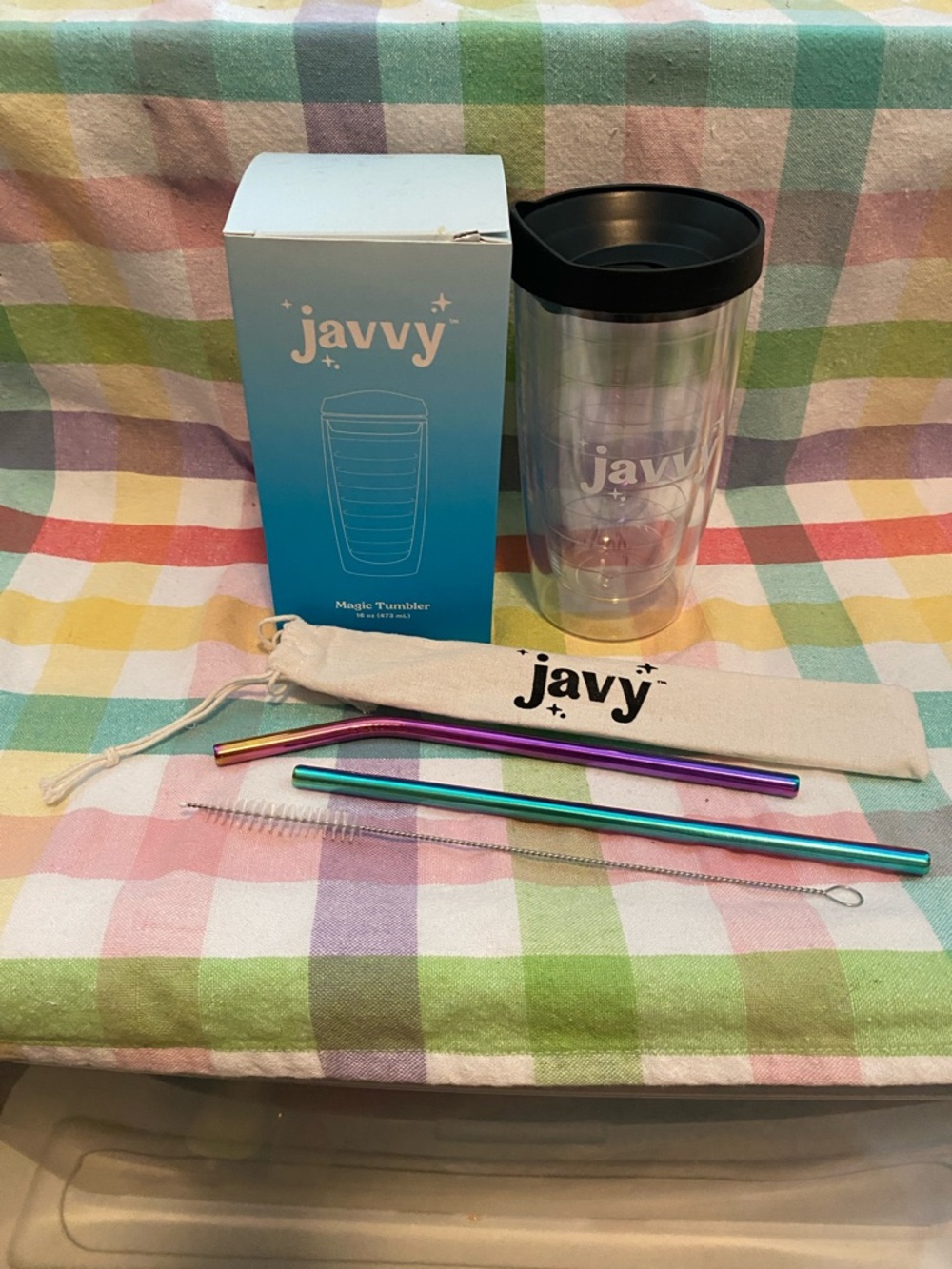 Javy Clear Tumbler with Black Lid and Iridescent Straws